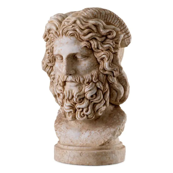 Statue Zeus marble antique look, shown in ivory and beige with marble and a freestanding circular base.