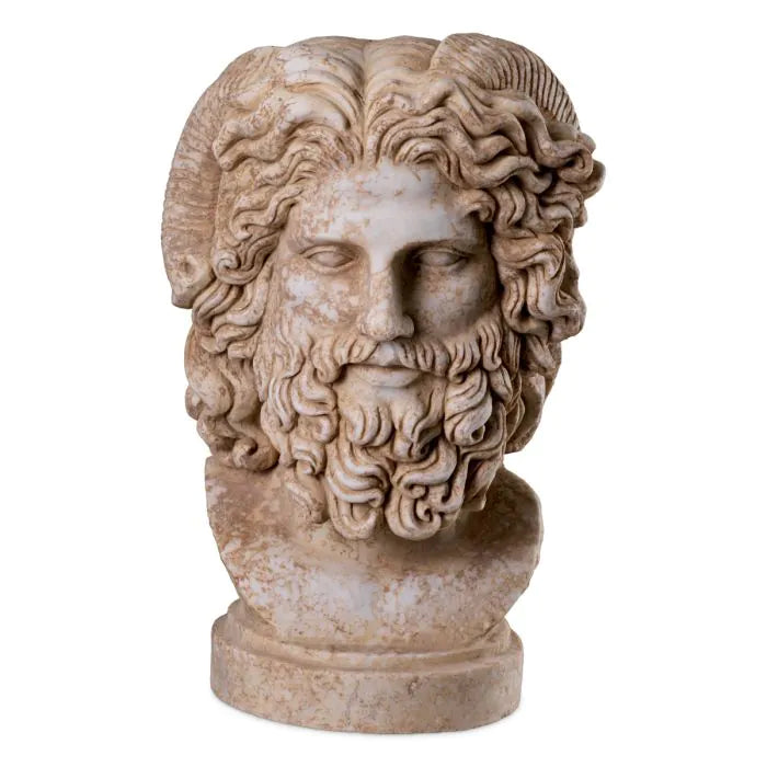 Additional view of Statue Zeus marble antique look in ivory and beige, featuring distressed and a freestanding circular base.