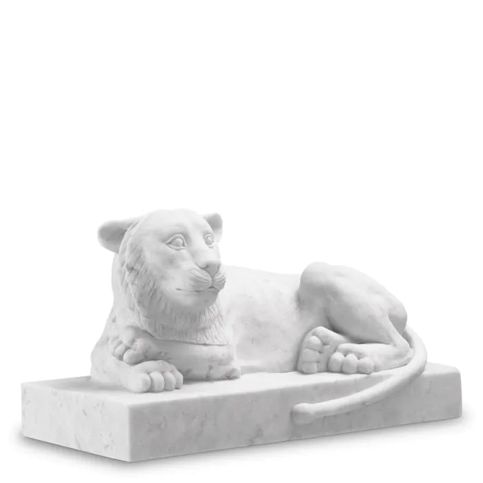 Object Reclining Lion marble, shown in white and off-white with marble and integral rectangular base plinth.