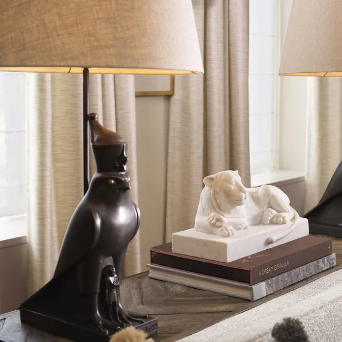 Alternate view of Object Reclining Lion marble, featuring honed finish, marble, and integral rectangular base plinth.