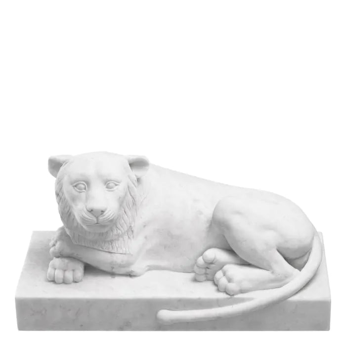 Additional view of Object Reclining Lion marble, featuring honed finish, marble, and integral rectangular base plinth.