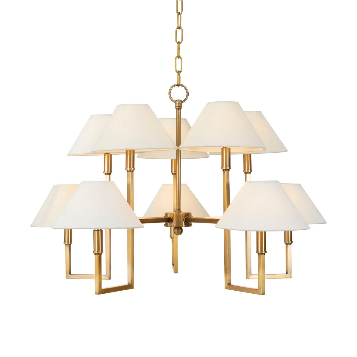 Townsend - Ten Light Five Arm Chandelier With White Linen Coolie Shade In Antique Brass