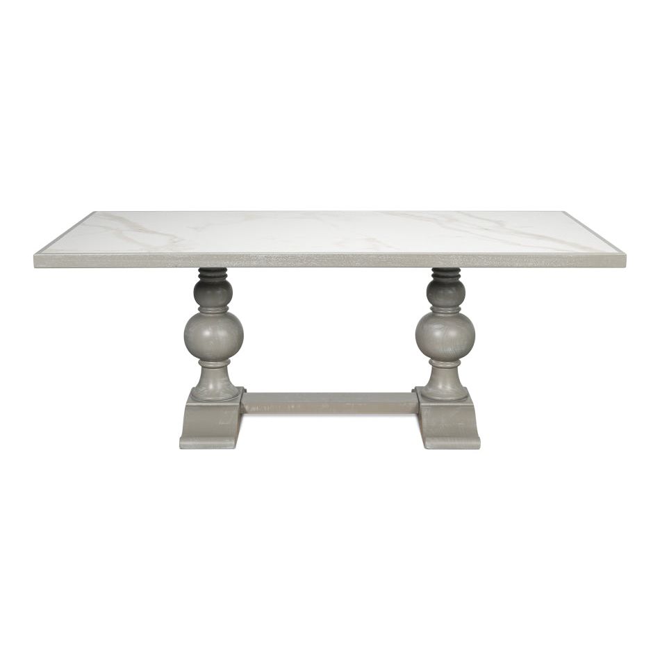 Small 81" Dining Table, Carmine Legno, shown in white and gray with marble, wood, and dual pedestal base.