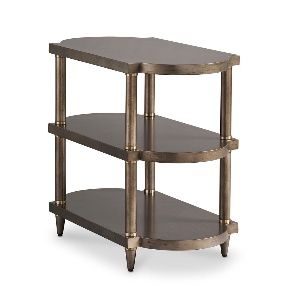 Linden Side Table, shown in gray-brown and taupe with wood, brass, and three open fixed shelves.