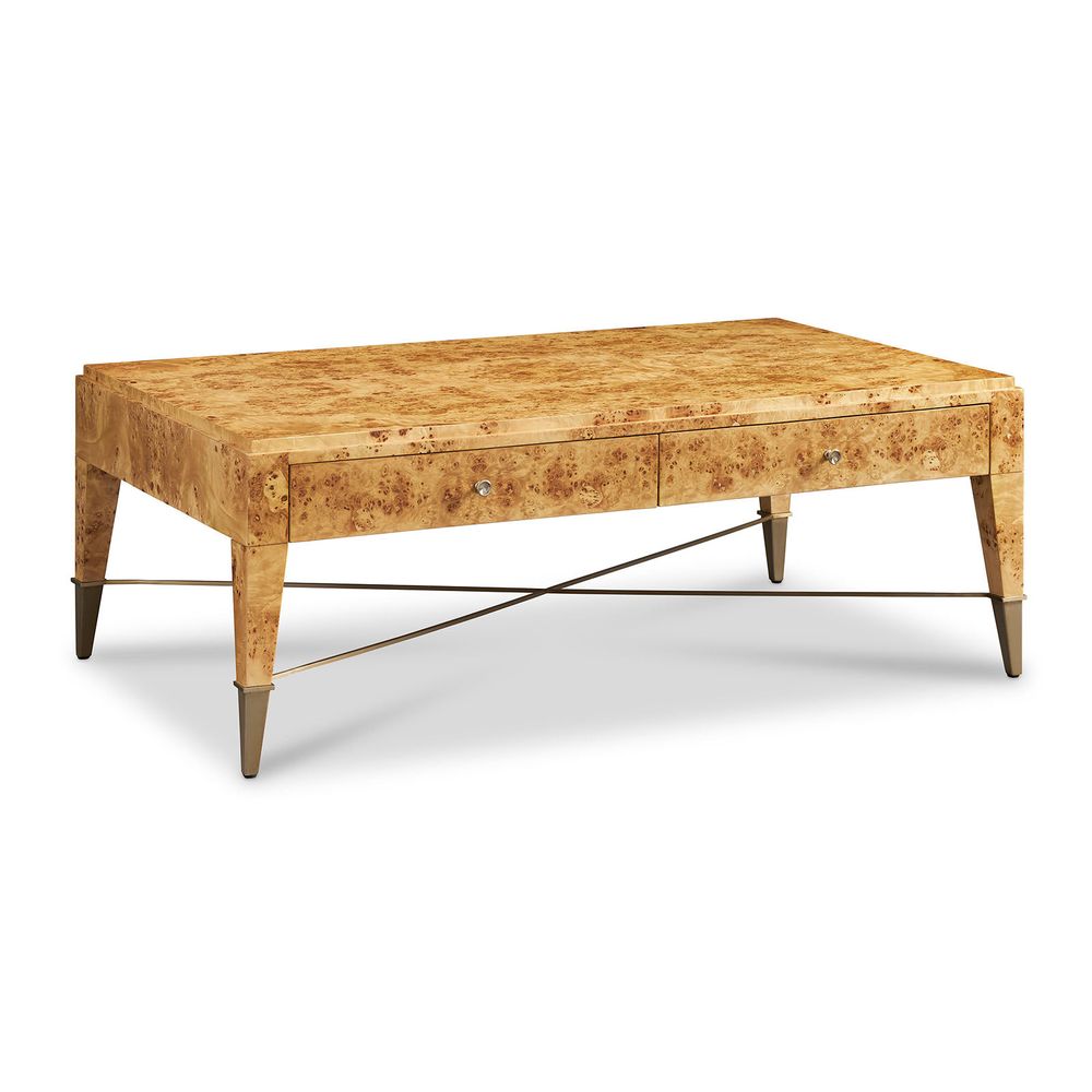 Eve Cocktail Table, shown in honey blonde and caramel burl with burl wood, metal, and two front drawers with round knobs.
