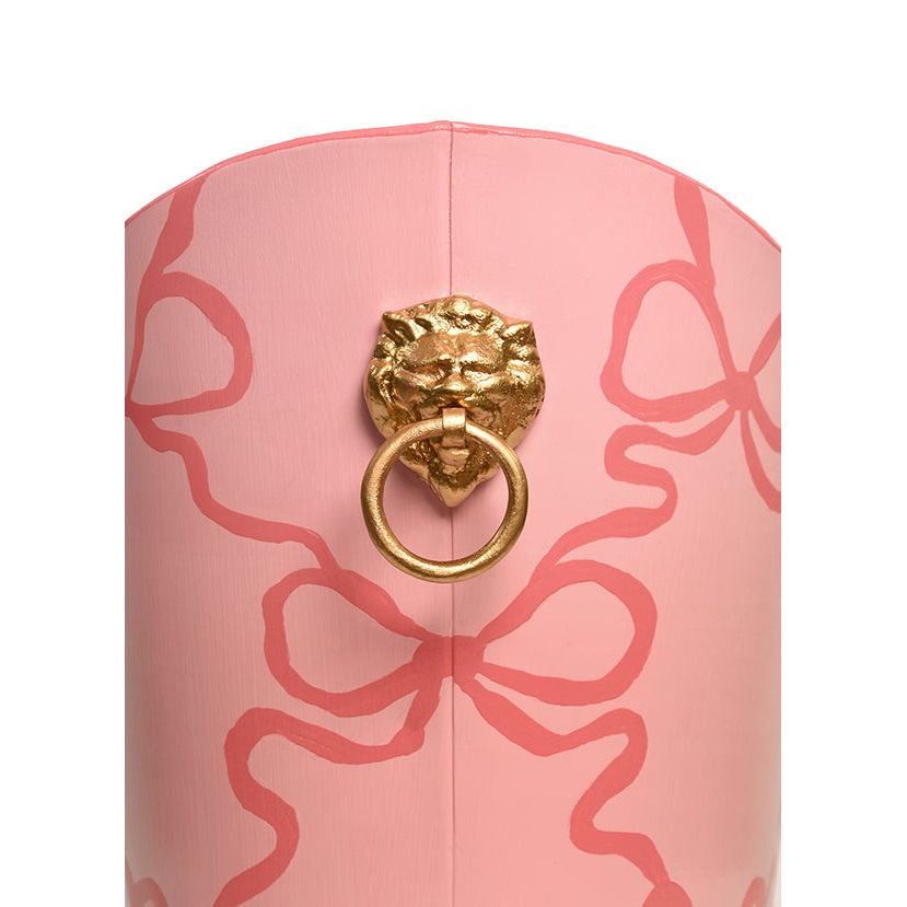 Alternate view of Small Oval Wastebasket With Raised Ends And Lion Handles in blush pink and coral pink.