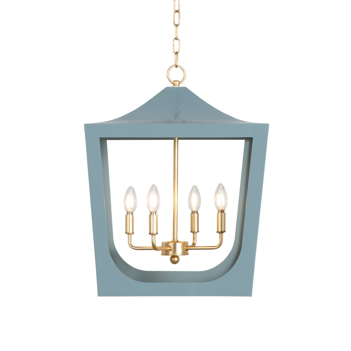 Wimble - Modern Pagoda Lantern With Four Light Gold Leaf Cluster, Body In Light Blue Powder Coat