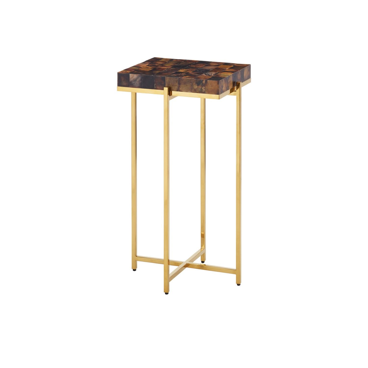 Alternate view of Casey Accent Table, featuring polished brass finish, pen shell, stainless steel, and a compact square top.