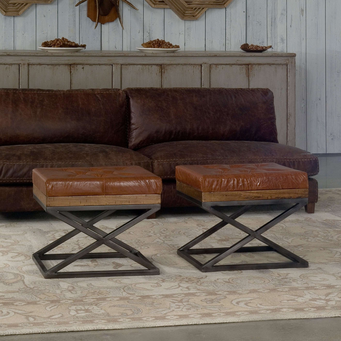 Leather Cushion Bench-SARREID-SARREID-26755-Stools & Ottomans-3-France and Son