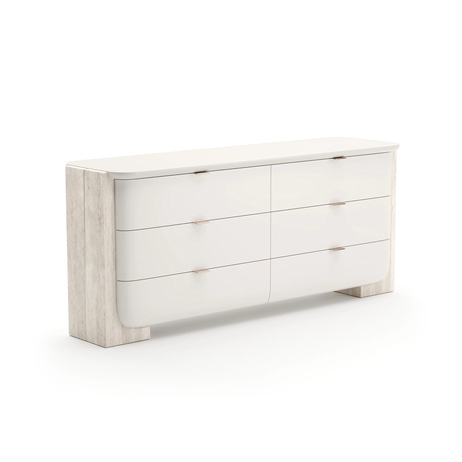 Alternate view of Overlap 6-Drawer Dresser in ivory white and light travertine beige.