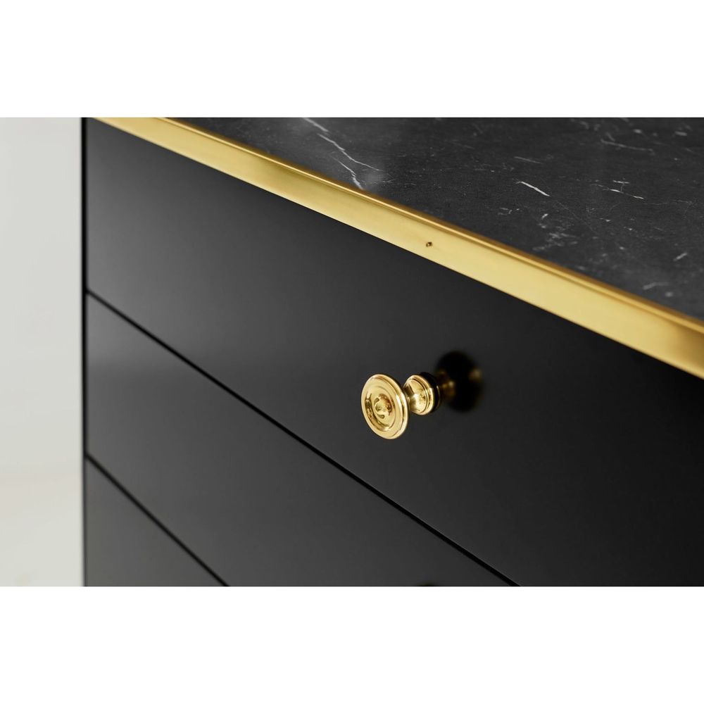 Additional view of Niles Bedside Chest-Black, featuring high-gloss lacquer, wood, marble, and four full-width drawers.