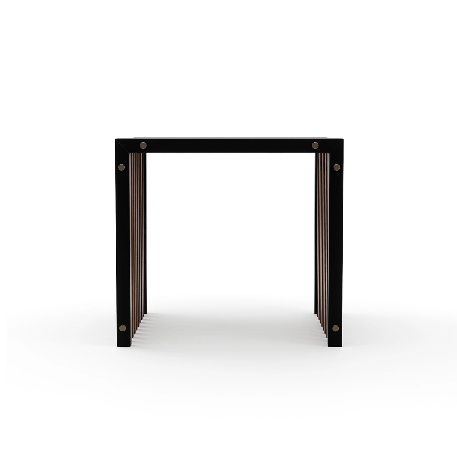 Pinstripe Dark End Table, shown in black and dark walnut brown with wood, metal, and open slatted sides.