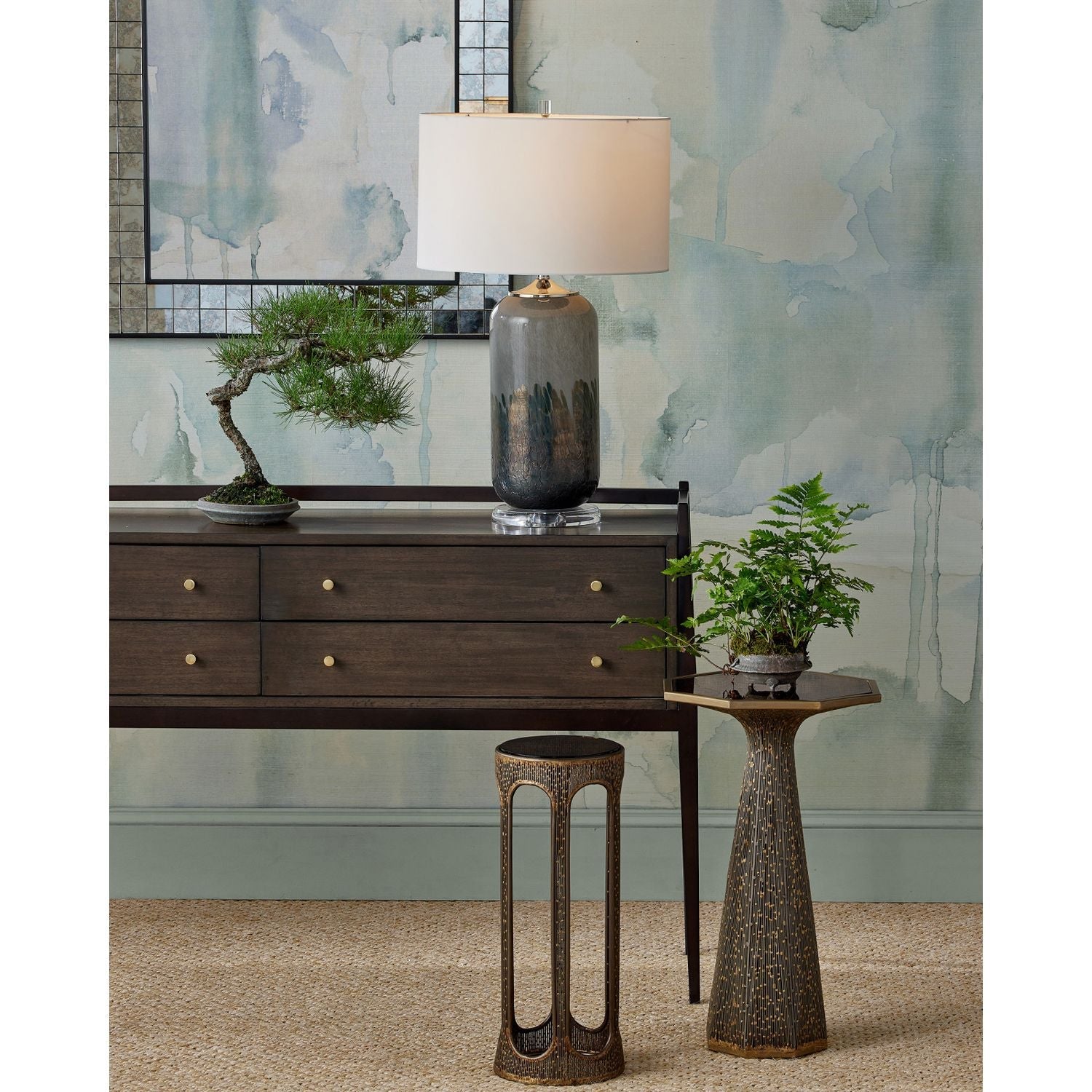 Alternate view of Capella Accent Table, featuring brazed metalwork finish, metal, glass, and a round smoke-glass top surface.