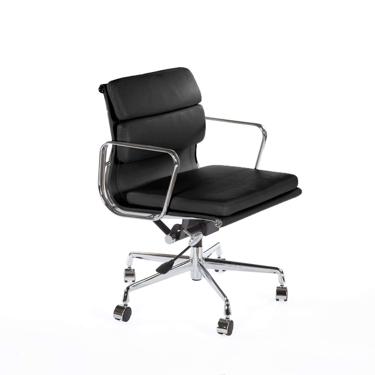 Mid-Century Modern Polstret Low Back Padded Aluminum Office Chair - Black Leather