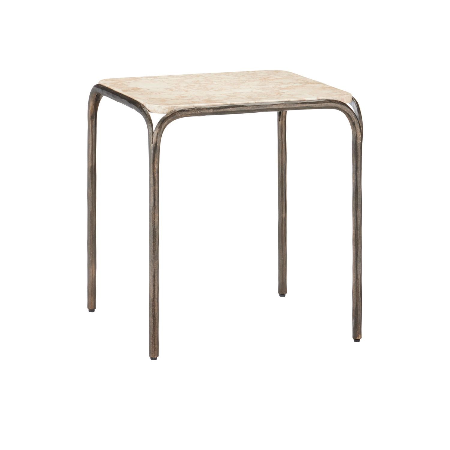 Alternate view of Crema Side Table, featuring polished stone finish, marble, iron, and fixed four-leg base.