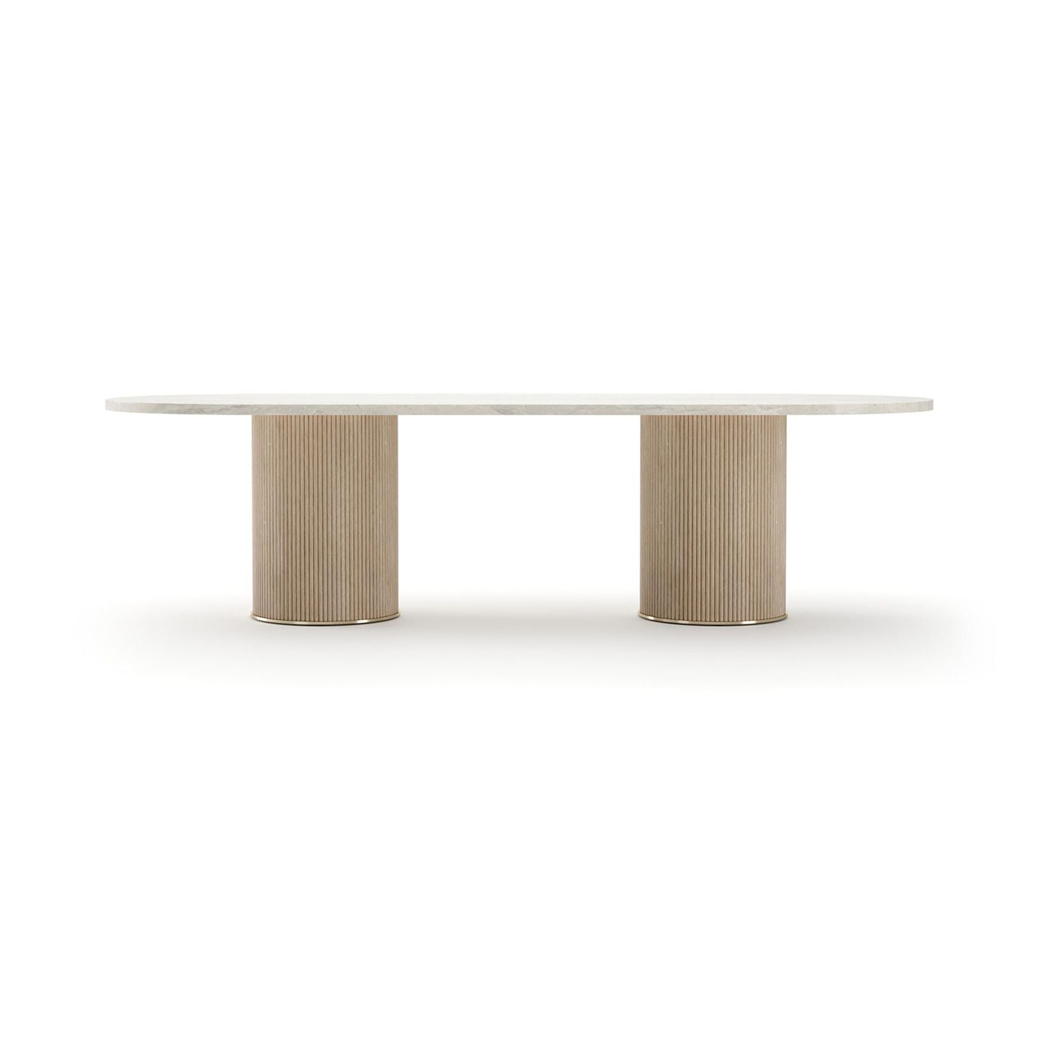 Rhythm Oval Stone Top Dining Table 112, shown in ivory and beige with stone, wood, and dual pedestal base.