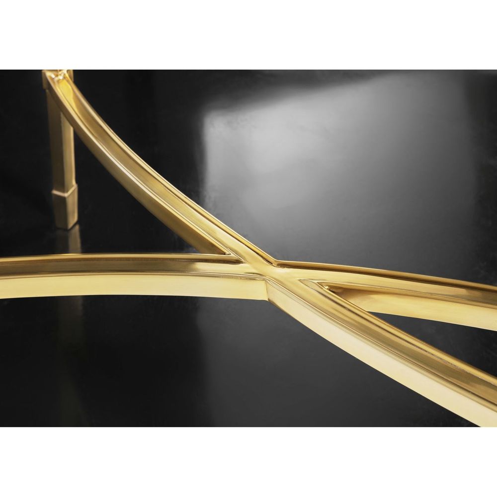 Alternate view of Brielle Console, featuring polished brass finish, metal, glass, and open lower stretcher shelf space.