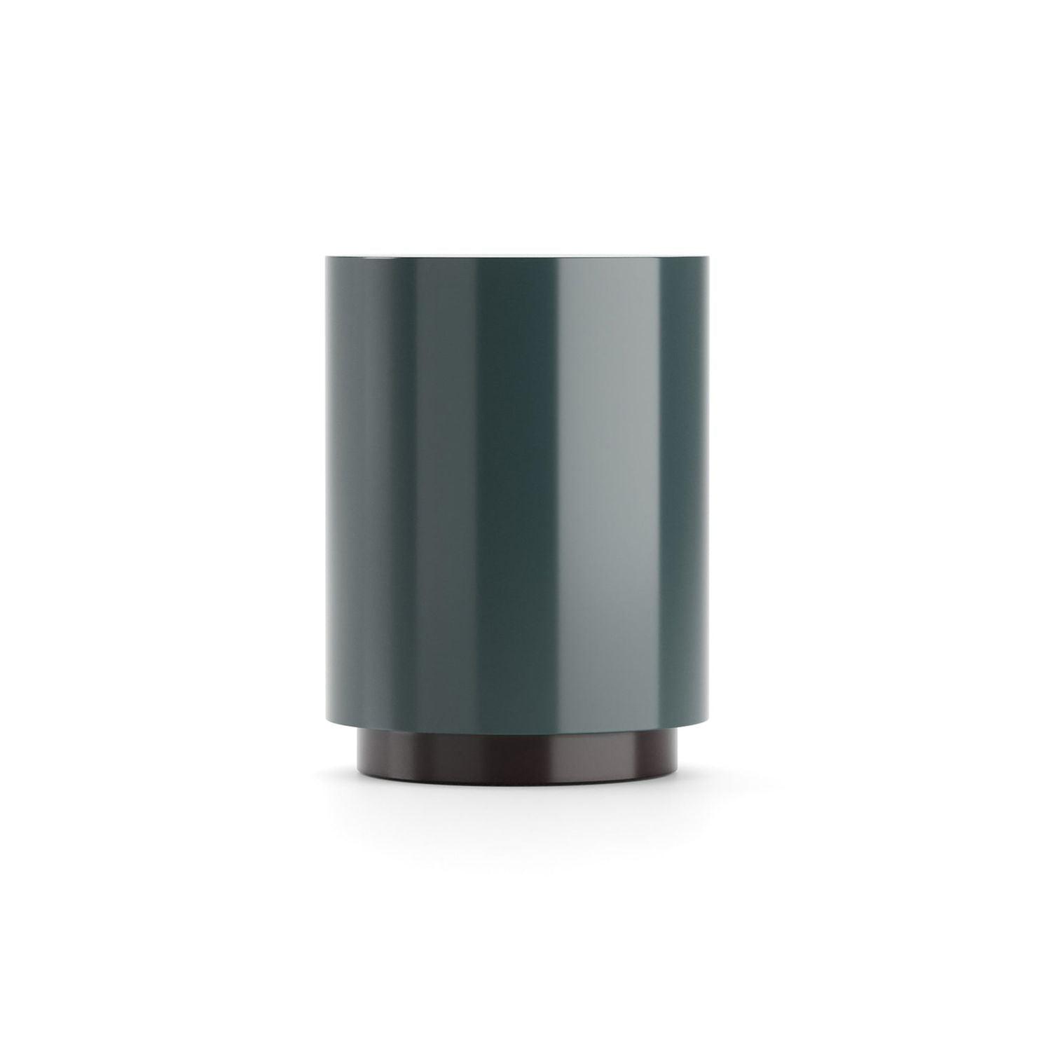 Cocktail Couture Round End Table, shown in dark teal and deep green-gray with lacquered wood or mdf and metal or wood base.