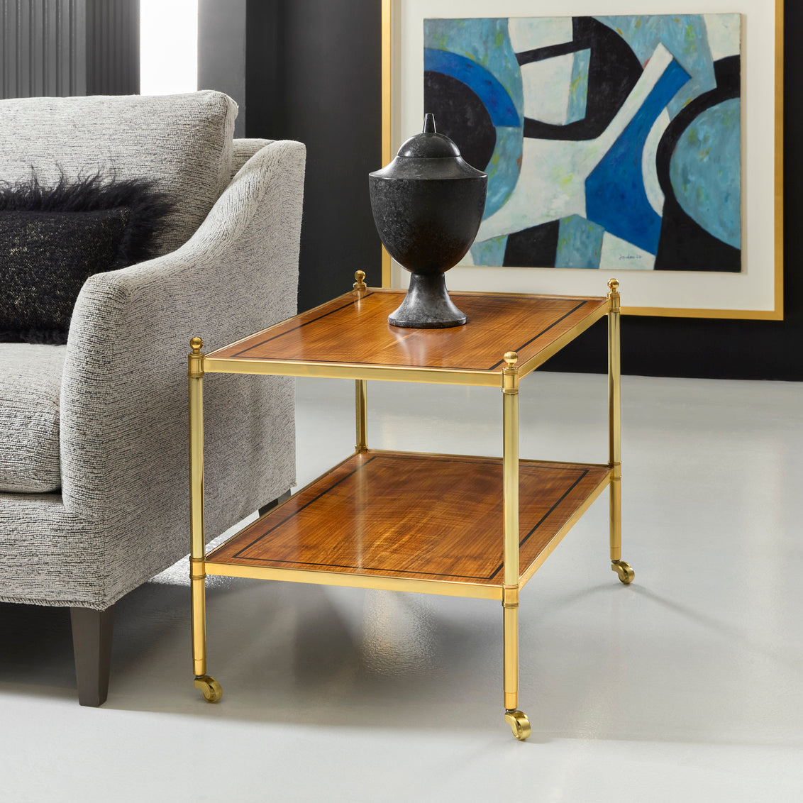 Alternate view of George Side Table, featuring contrasting inlay finish, wood veneer, brass, and two-tier open shelving.