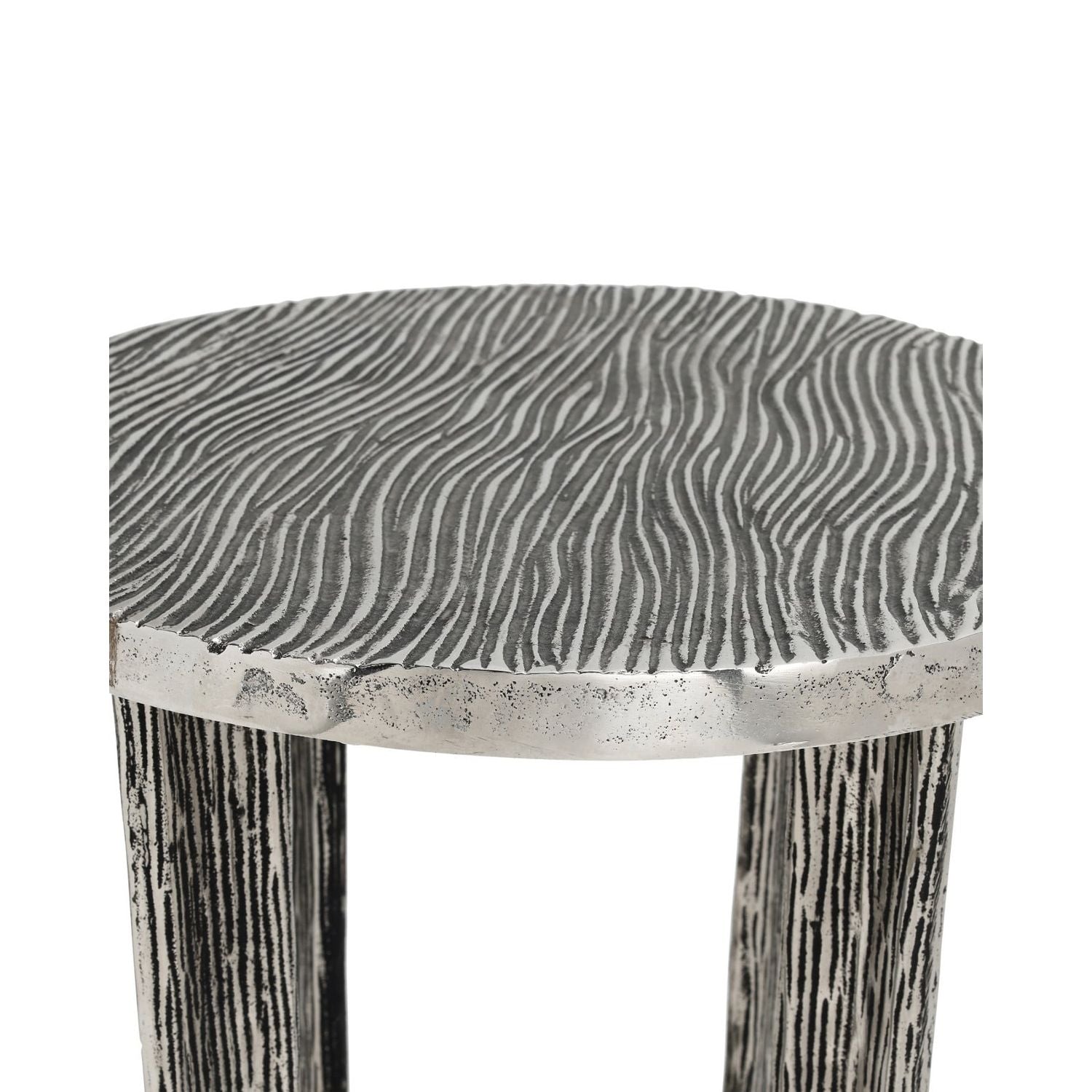 Alternate view of Structure Accent Table, featuring textured wood-grain, cast aluminum, and a round accent top.