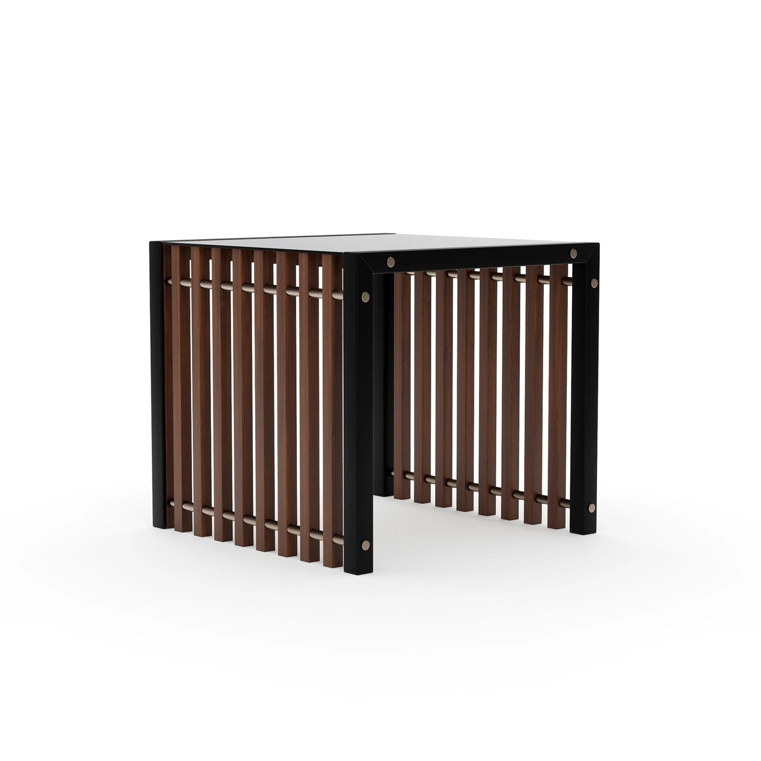 Alternate view of Pinstripe Dark End Table, featuring wood, metal, and open slatted sides.