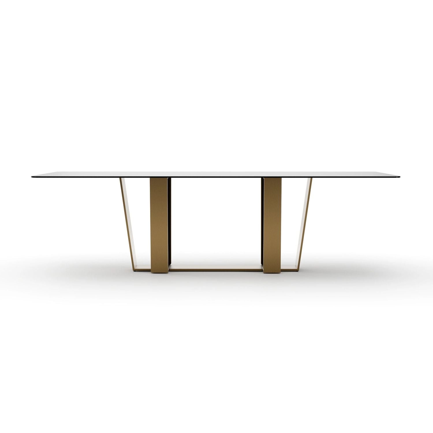 Counter Balance Dining Table 108, shown in black and brass gold with glass, metal, and fixed dual pedestal base.