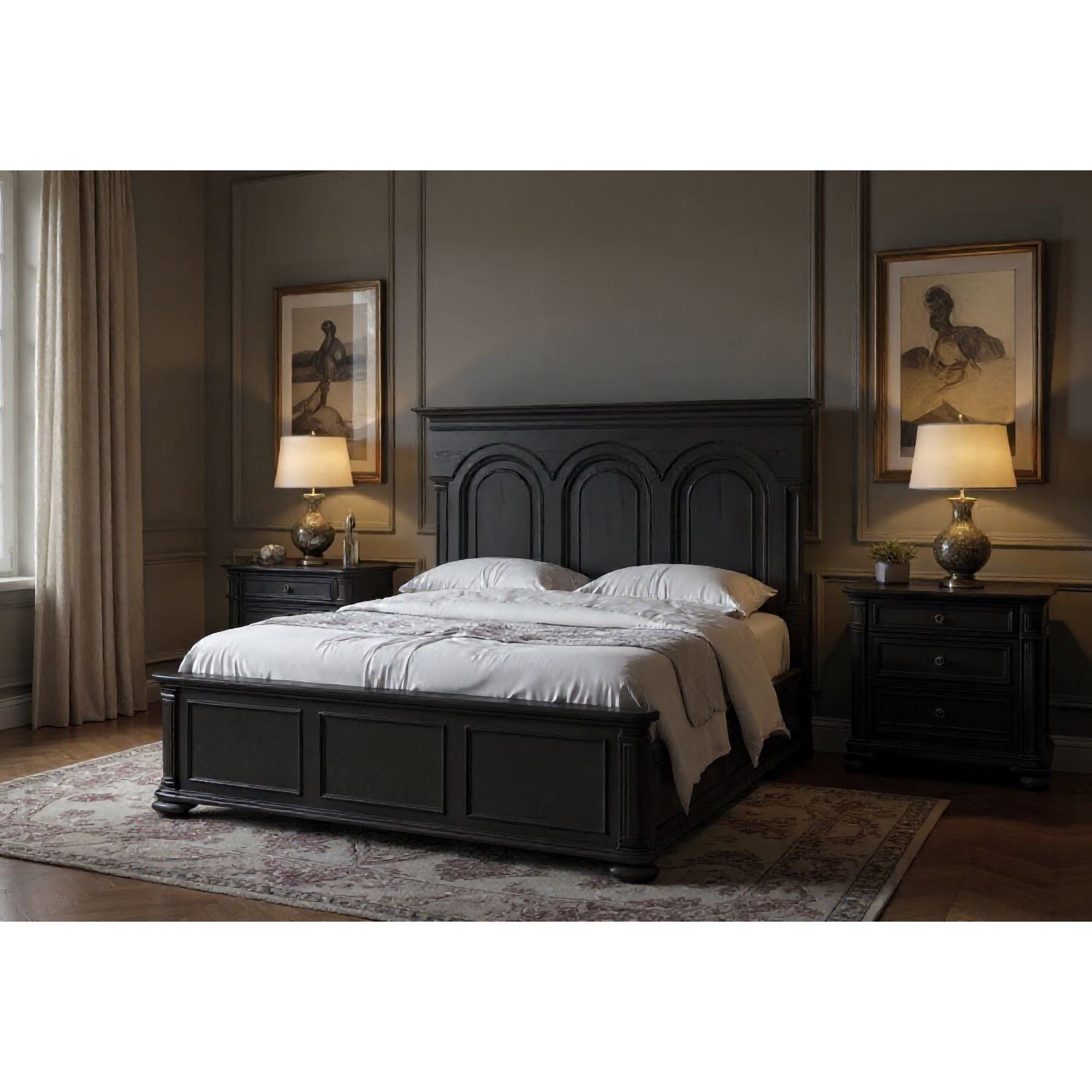 Atrium 3 Drawer Nightstand — hand rubbed black with undertones of brown