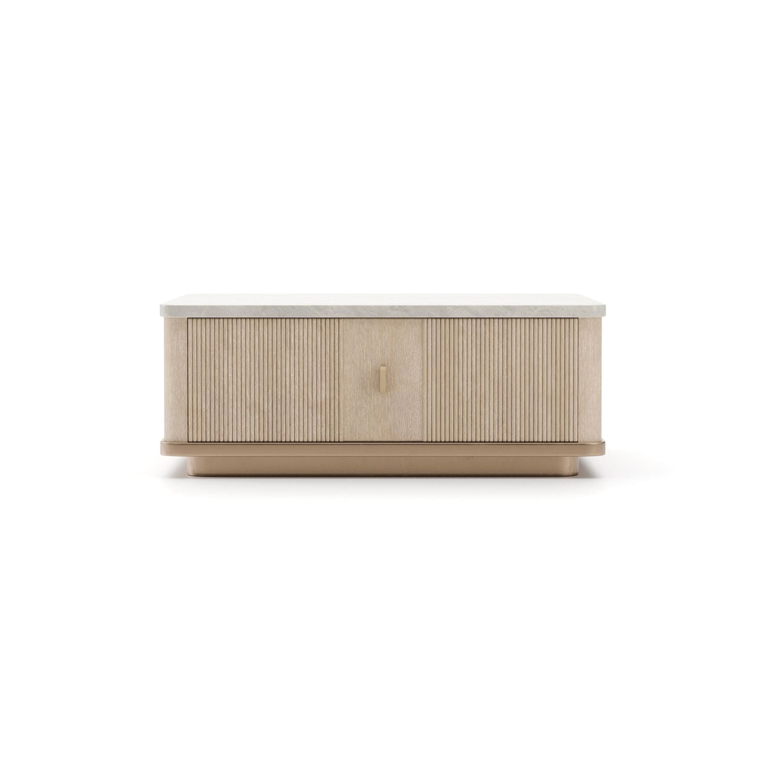 Rhythm Square Cocktail Table, shown in light beige and warm taupe with wood veneer and stone or marble top.