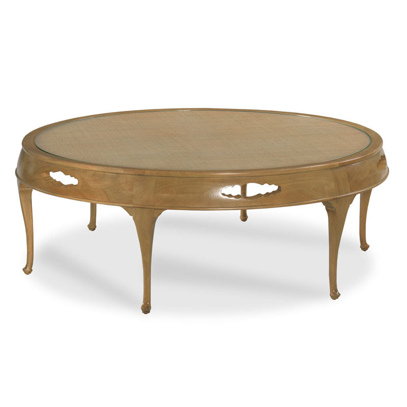 Alternate view of Cumulus Cocktail Table, featuring natural wood tone, hardwood, woven cane, and inset glass top over cane.