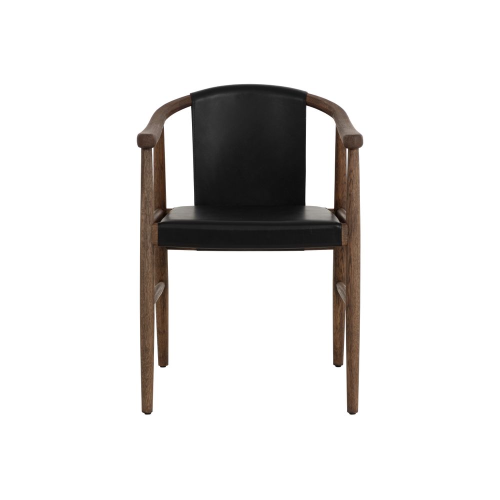 Alternate view of Aran Dining Armchair, featuring wood, leather, and fixed arms.