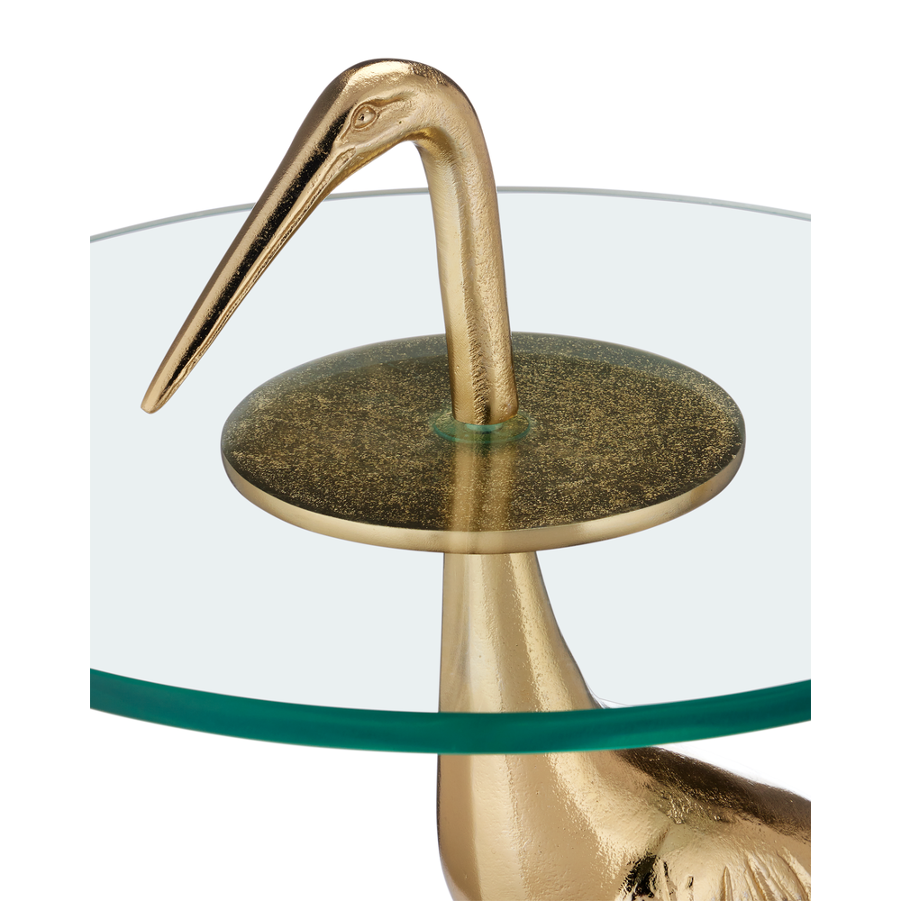 Alternate view of Crane Brass Accent Table, featuring cast metal, glass, and fixed sculptural crane base.