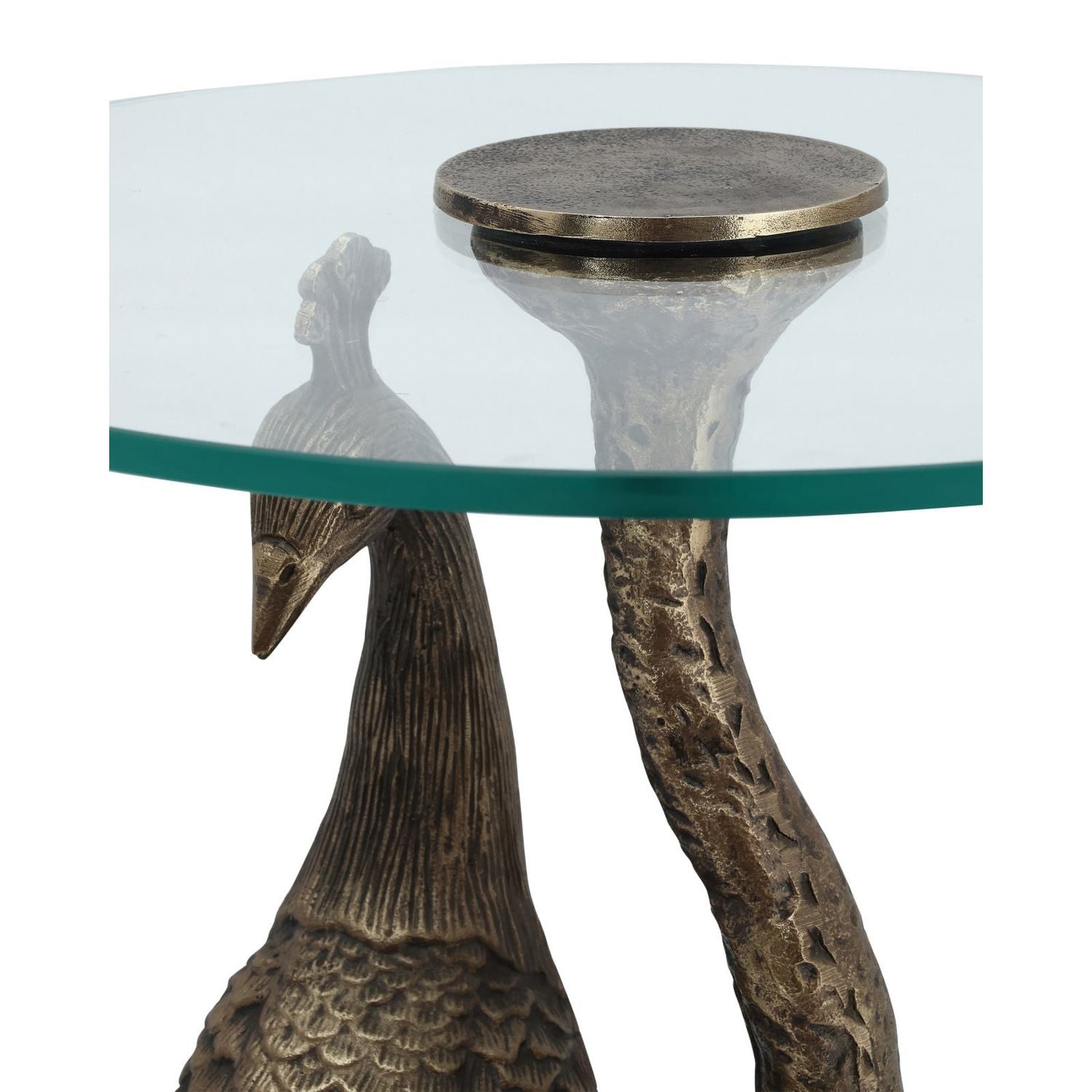 Additional view of Paonne Accent Table in antique gold and bronze, featuring textured finish and fixed round glass tabletop.