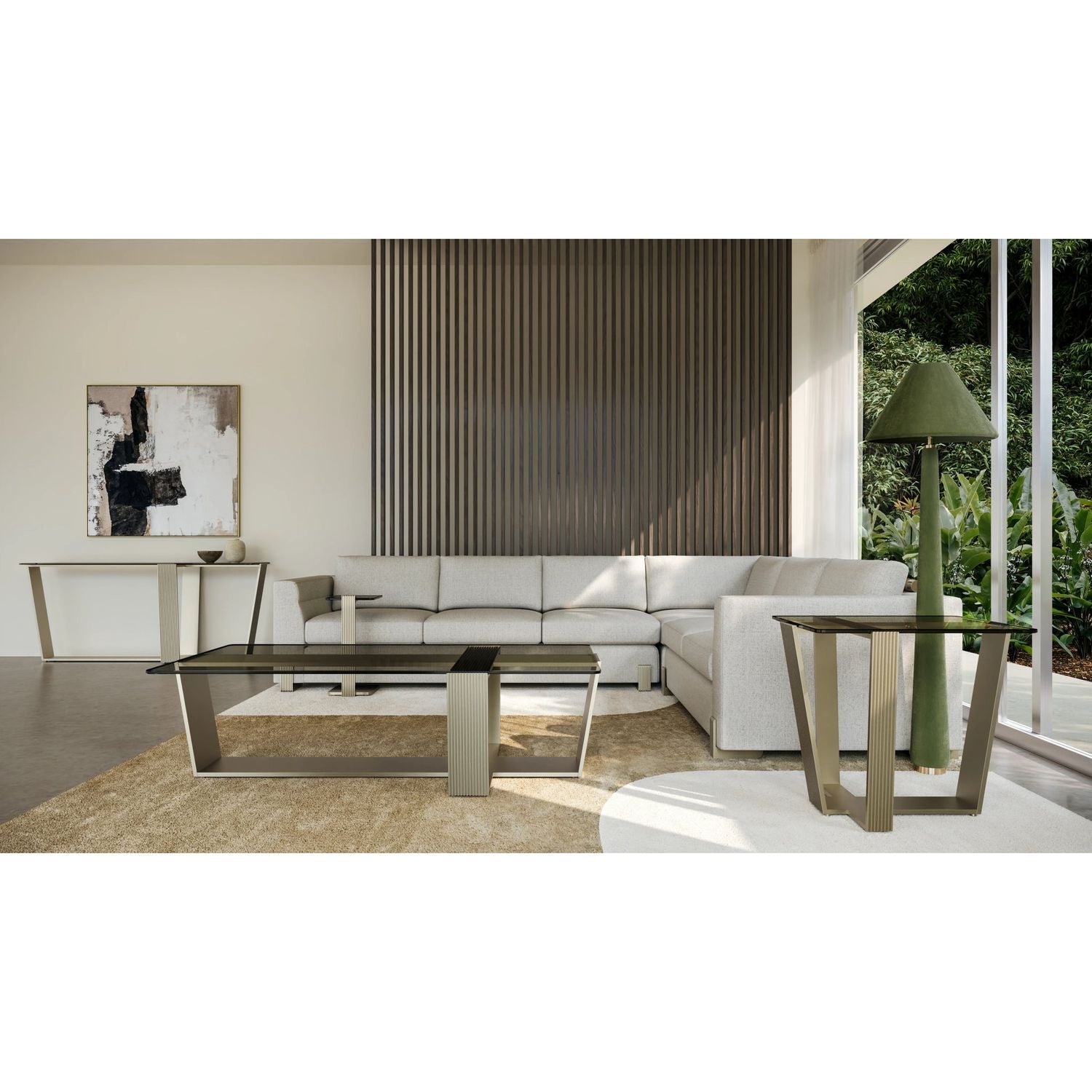 Additional view of Counter Balance Spot Table in champagne gold and bronze-tinted glass.