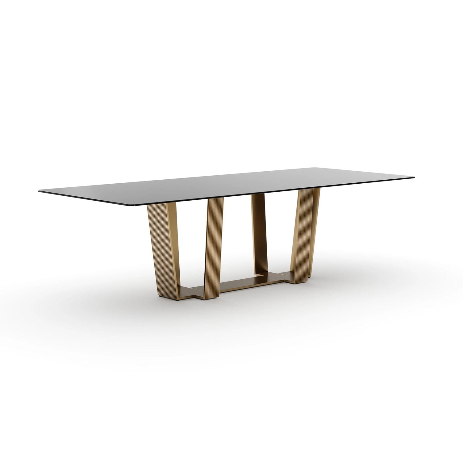 Alternate view of Counter Balance Dining Table 108, featuring glass, metal, and fixed dual pedestal base.