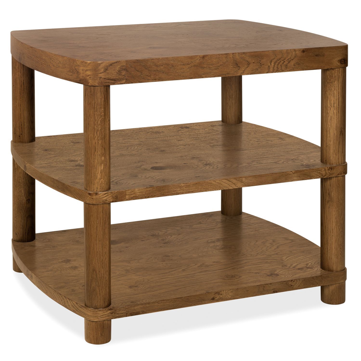 Melange Romano End Table, shown in medium brown and warm oak brown with wood, oak, and three-tier open shelving.
