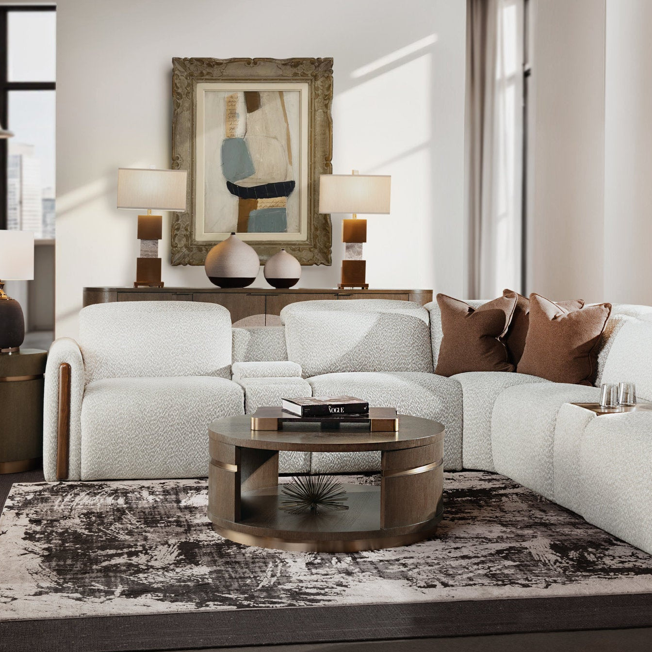 Alternate view of Commerce and Market Roll With It Round Cocktail Table, featuring wood, metal, and integrated lower shelf.