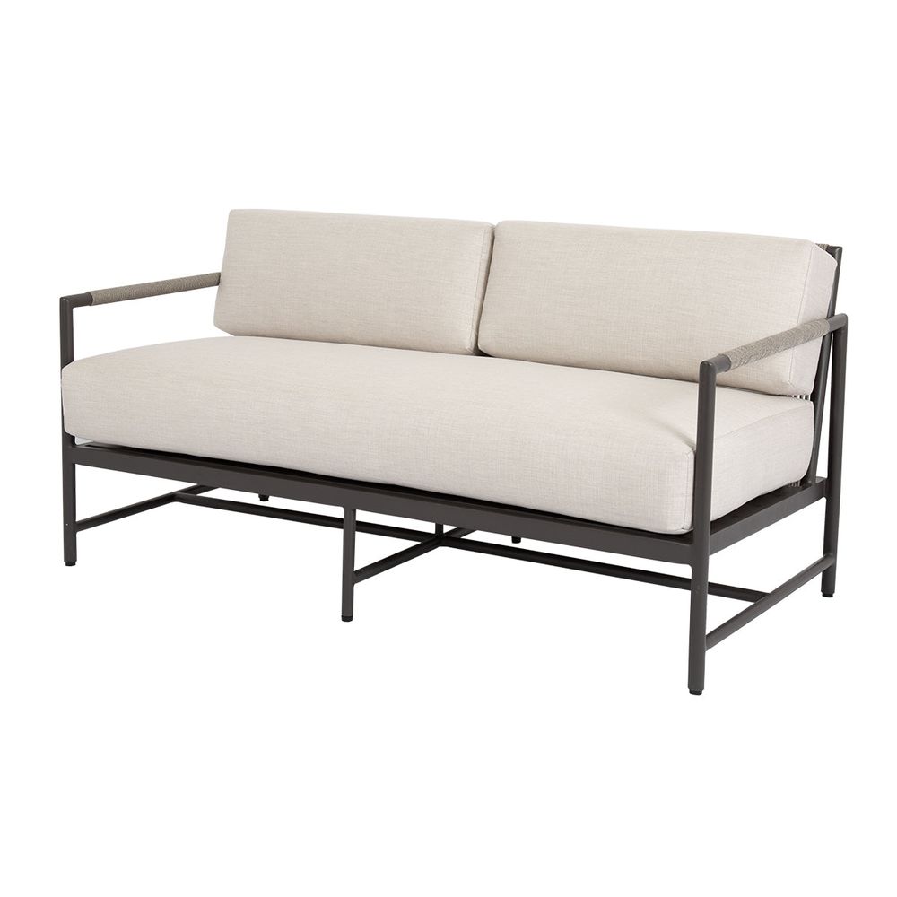 Pietra Loveseat in Echo Ash, No Welt, shown in beige and charcoal with metal, fabric, and fixed arms.