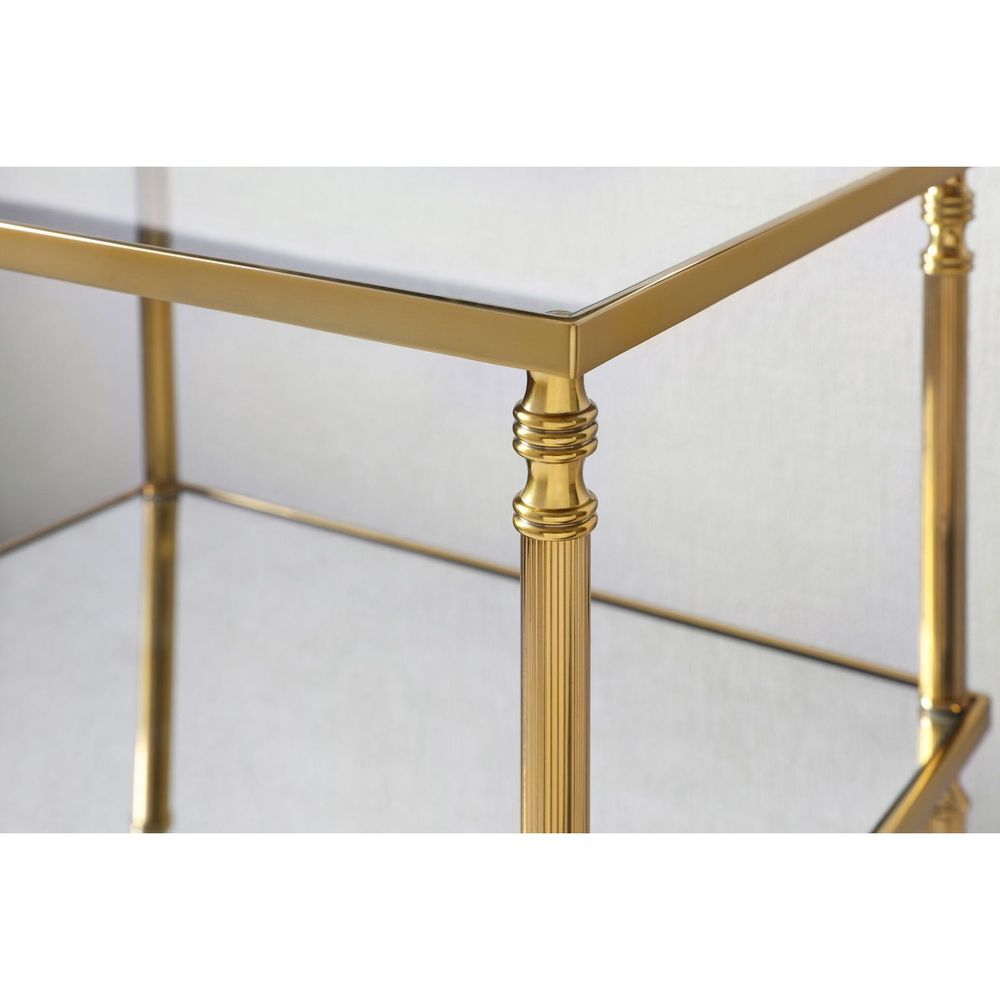 Alternate view of Brass Side Table With Stretcher, featuring fluted metal finish, brass, glass, and two-tier glass shelves.