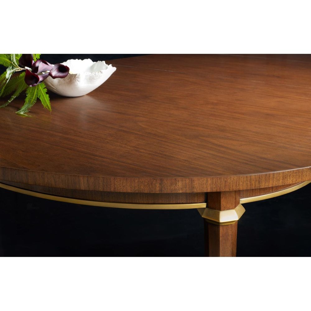 Alternate view of Norris Dining Table in warm mahogany brown and antique brass gold.