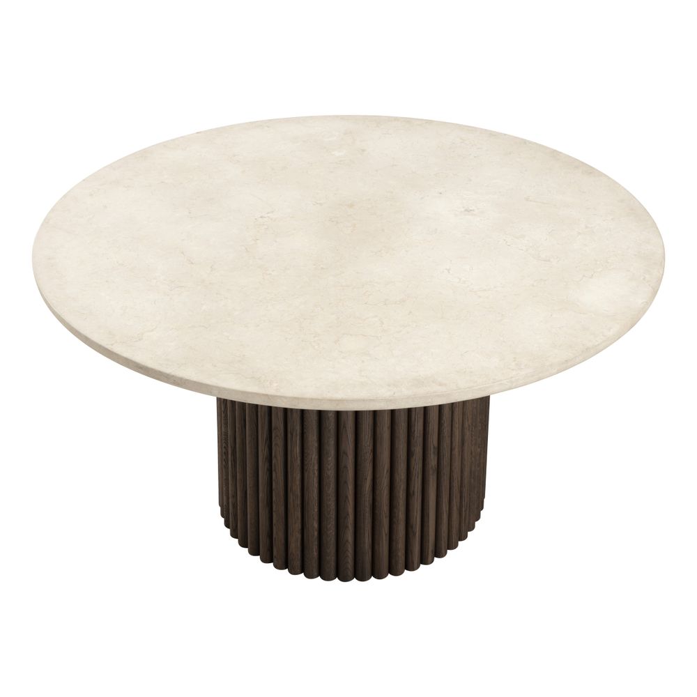 Additional view of Banyan Dining Table in cream and dark brown, featuring honed stone finish and a central pedestal base.