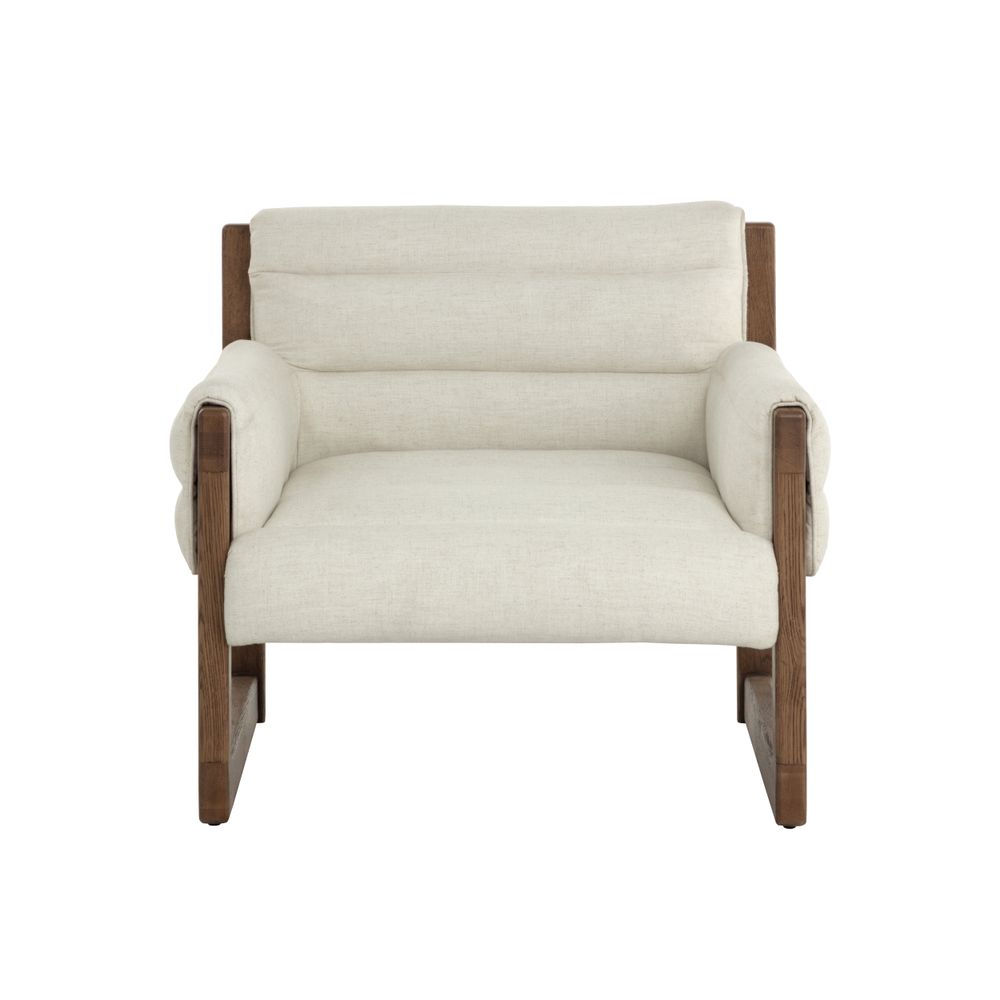 Alternate view of Ferguson Lounge Chair, featuring matte upholstery finish, linen fabric, wood, and fixed arms.