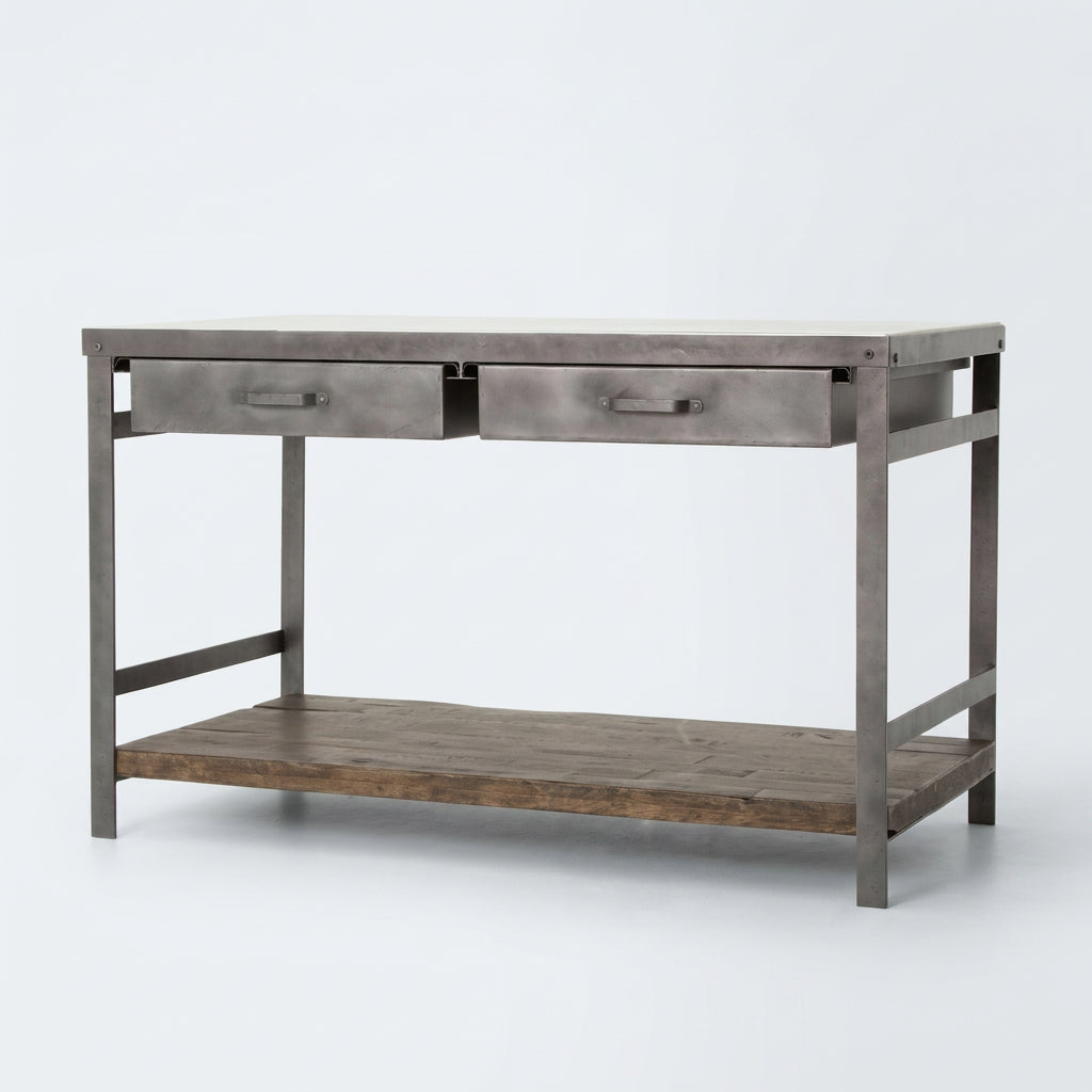 Four Hands Elliott Kitchen Island with marble top and open iron and wood shelving
