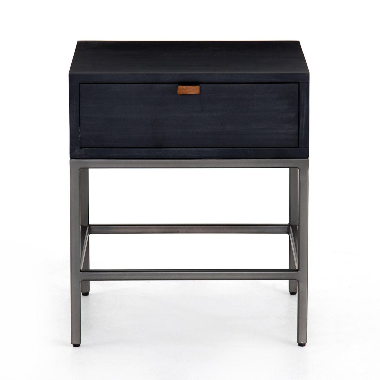 Front view of the Trey End Table showing its single drawer and leather pull