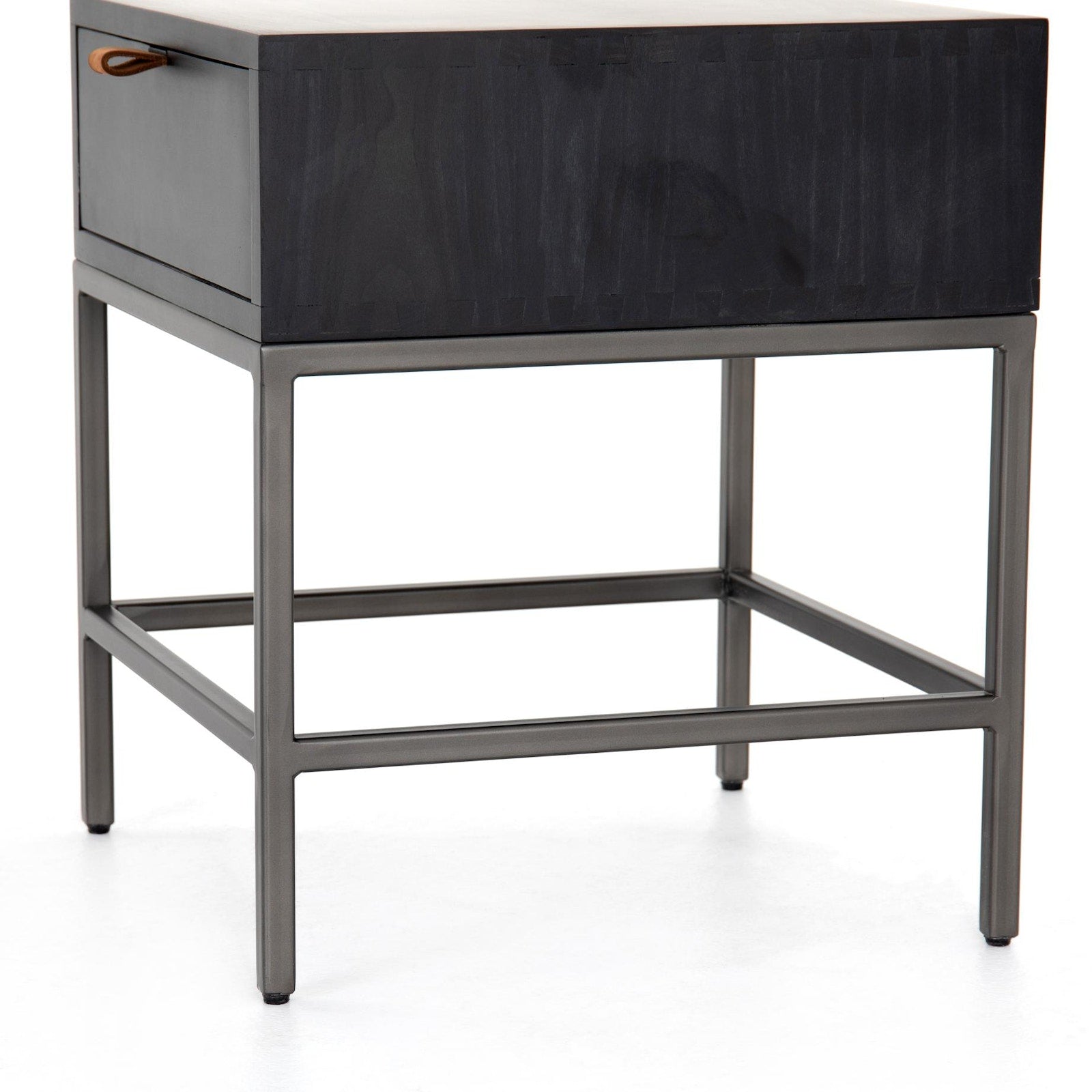 Detail of the Trey End Table wood cabinet, natural iron base and toffee leather pull