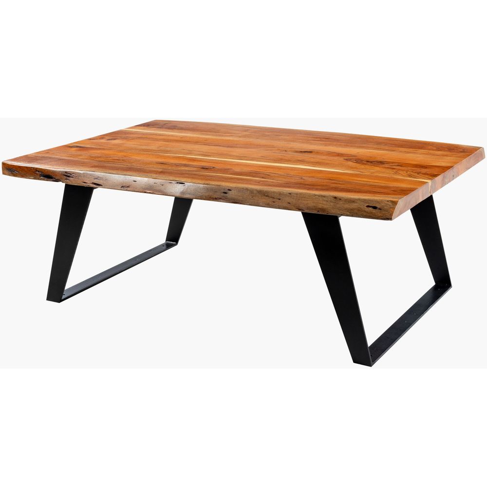 Halden Coffee Table, shown in warm brown and amber with solid wood, metal, and fixed open metal base.