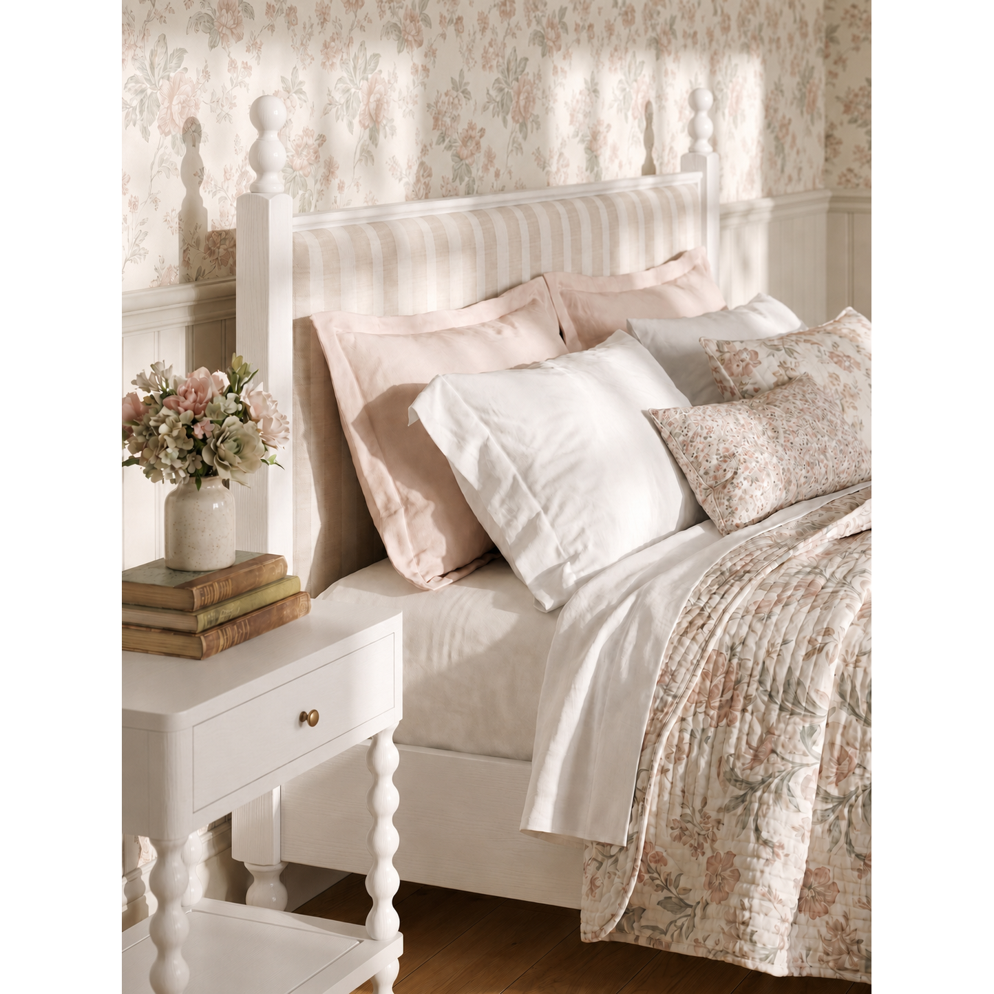 Haven King Upholstered Finial Bed — Warm White