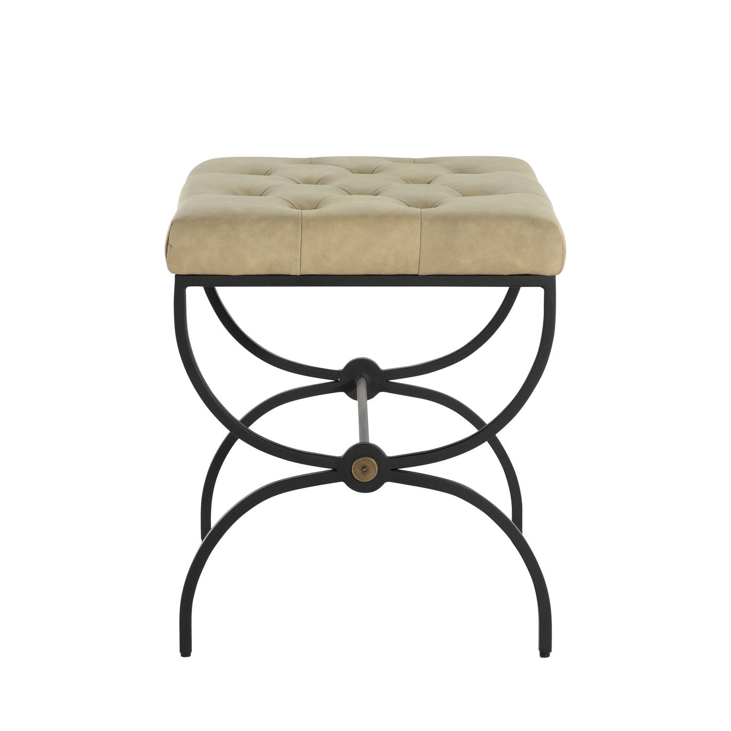 Galvin Leather Iron Ottoman - Light Gray Textured Black Brushed Brass