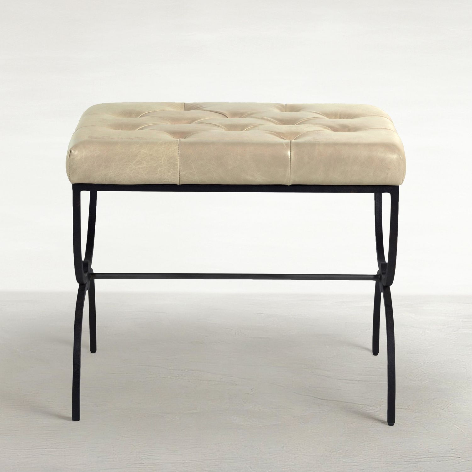 Galvin Leather Iron Ottoman - Light Gray Textured Black Brushed Brass