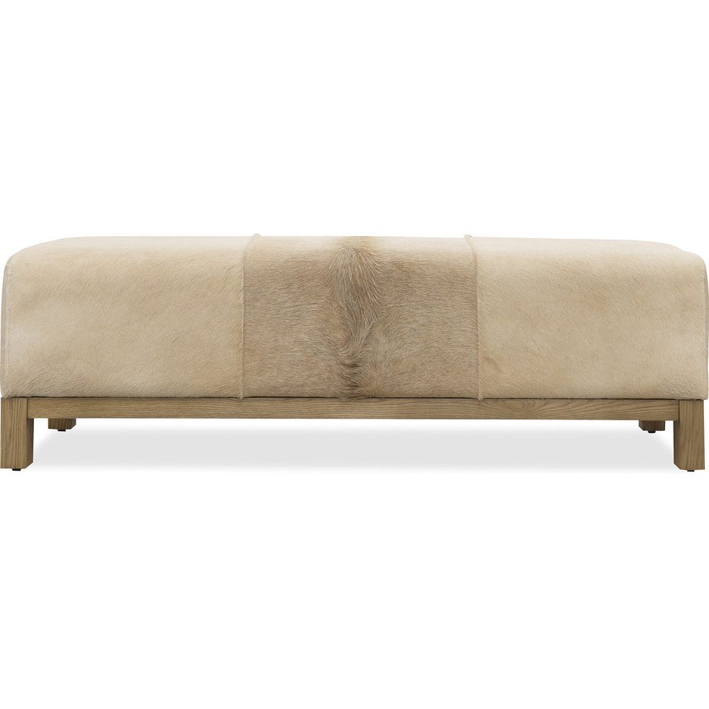 Melange Holy Cow Bench, shown in beige and light tan with cowhide, leather, and a long bench seating surface.
