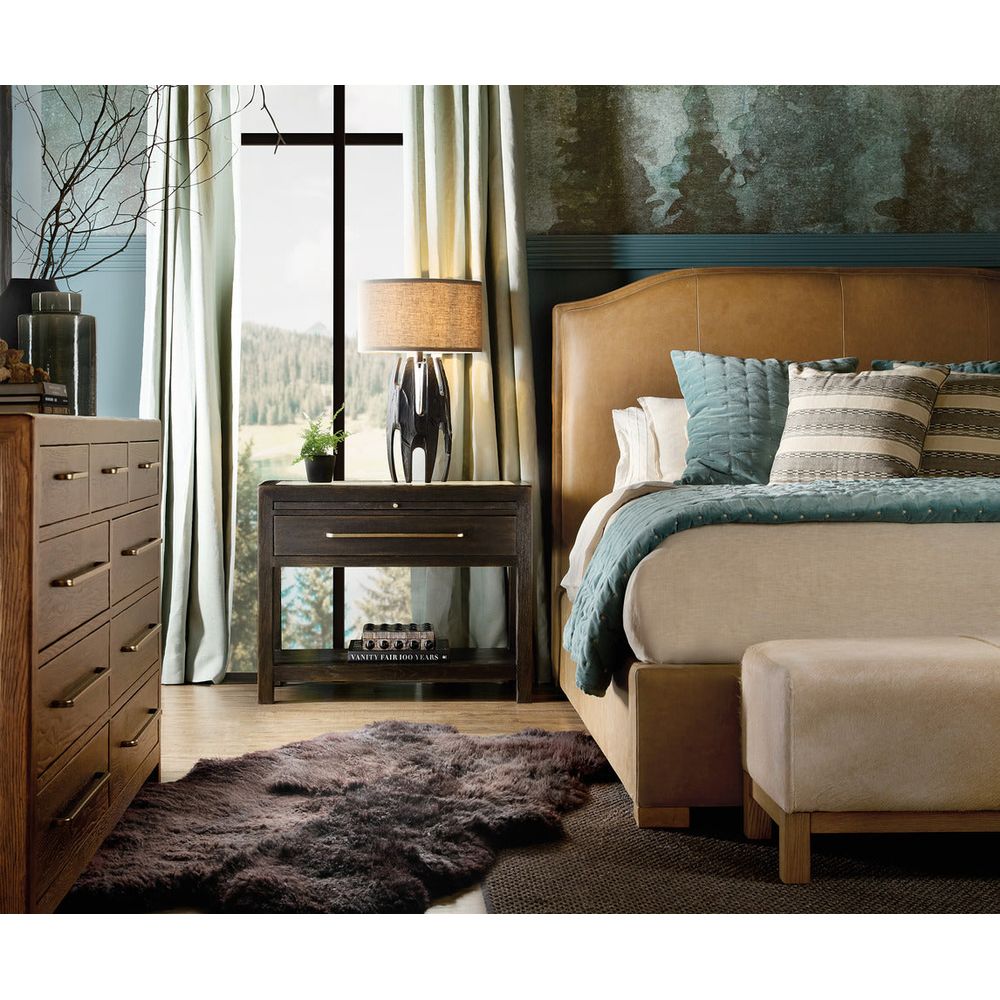 Alternate view of Melange Holy Cow Bench, featuring natural hide texture, cowhide, leather, and a long bench seating surface.